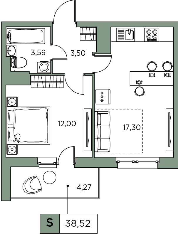 1-комнатная, 38.52 м² — ЖК ЖК Аквилон Sky (Аквилон Скай)