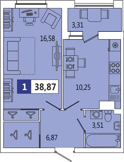 1-комнатная, 38.87 м² — ЖК ЖК ArtКвартал.Аквилон (АртКвартал.Аквилон)