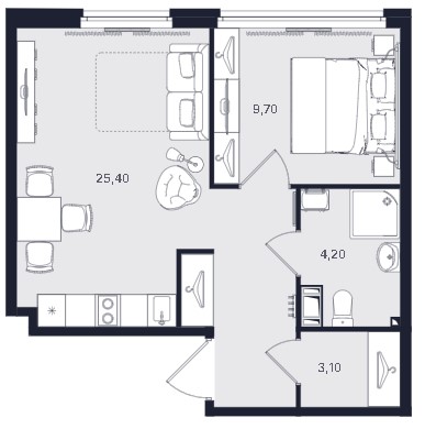2-комнатная, 42.4 м² — ЖК ЖК «Апартаменты Интуит (IN2IT)»