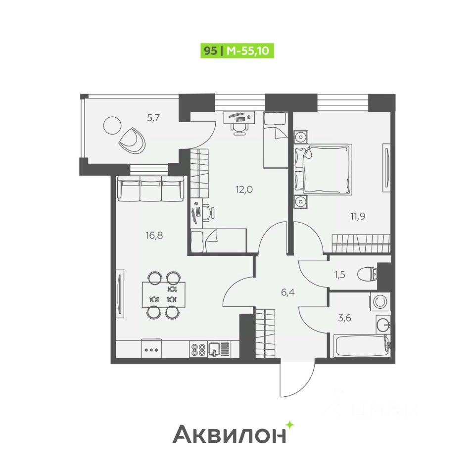 2-комнатная, 55.1 м² — ЖК ЖК «Аквилон Сториз (Аквилон Stories)»