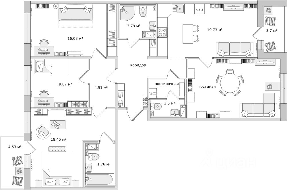 3-комнатная, 109.2 м² — ЖК ЖК Чёрная Речка
