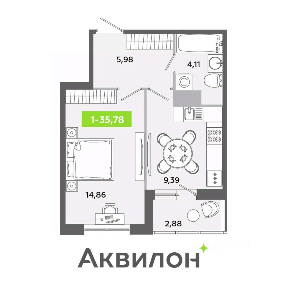 1-комнатная, 35.78 м² — ЖК ЖК «Аквилон ЯНИНО»