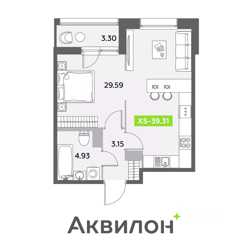 Студия, 39.31 м² — ЖК ЖК «Аквилон Ливз (Аквилон Leaves)»