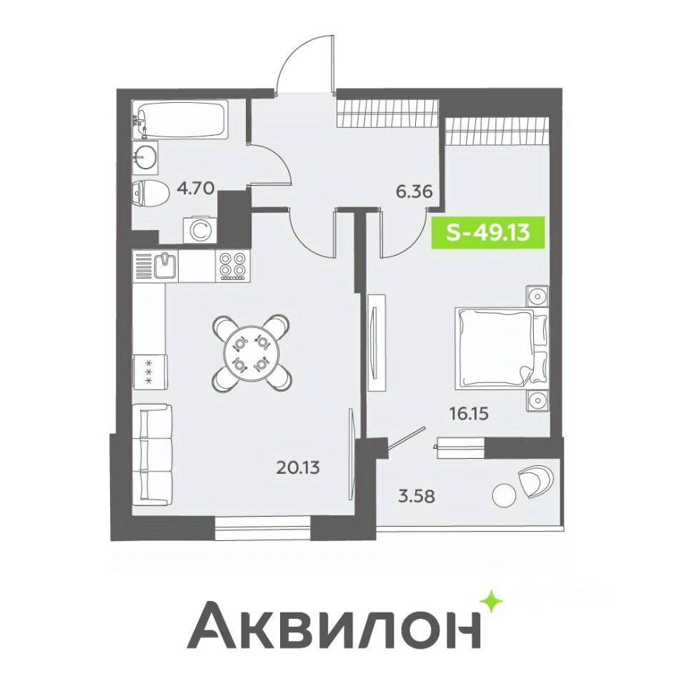 1-комнатная, 49.13 м² — ЖК ЖК «Аквилон ЗАЛИВ (Аквилон ZALIVE)»