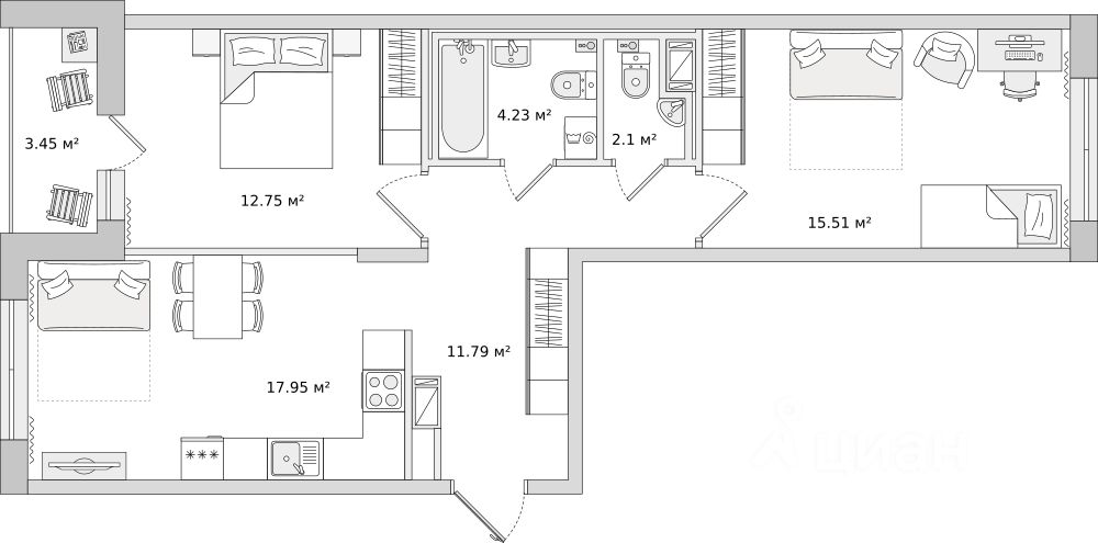 2-комнатная, 67.78 м² — ЖК ЖК Чёрная Речка