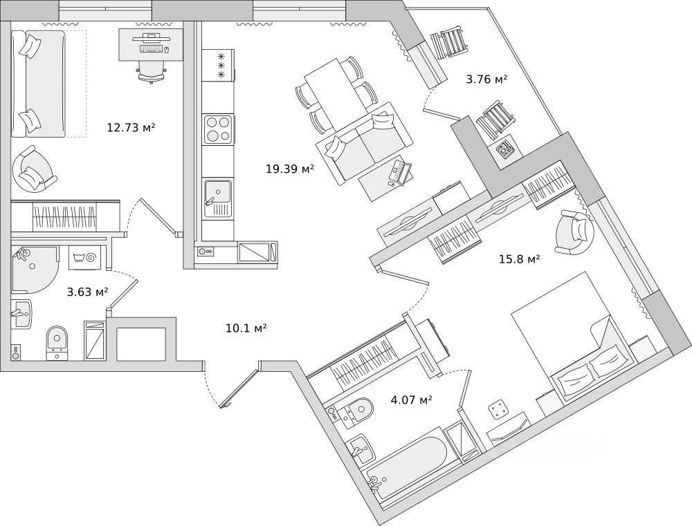 2-комнатная, 69.48 м² — ЖК ЖК Чёрная Речка