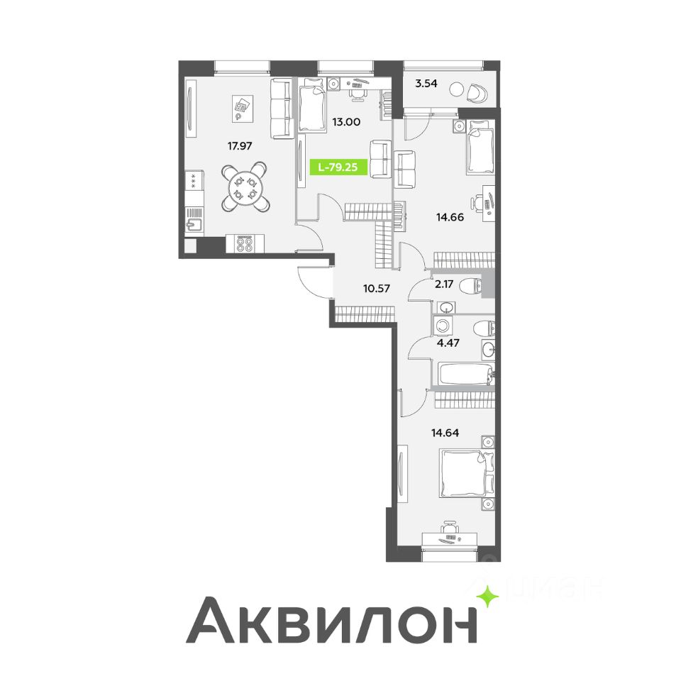 3-комнатная, 79.25 м² — ЖК ЖК «Аквилон Ливз (Аквилон Leaves)»