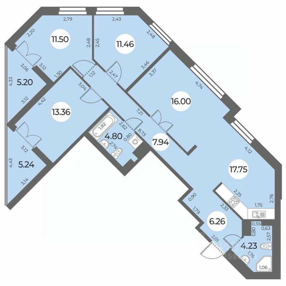 4-комнатная, 98.52 м² — ЖК ЖК «Огни Залива»