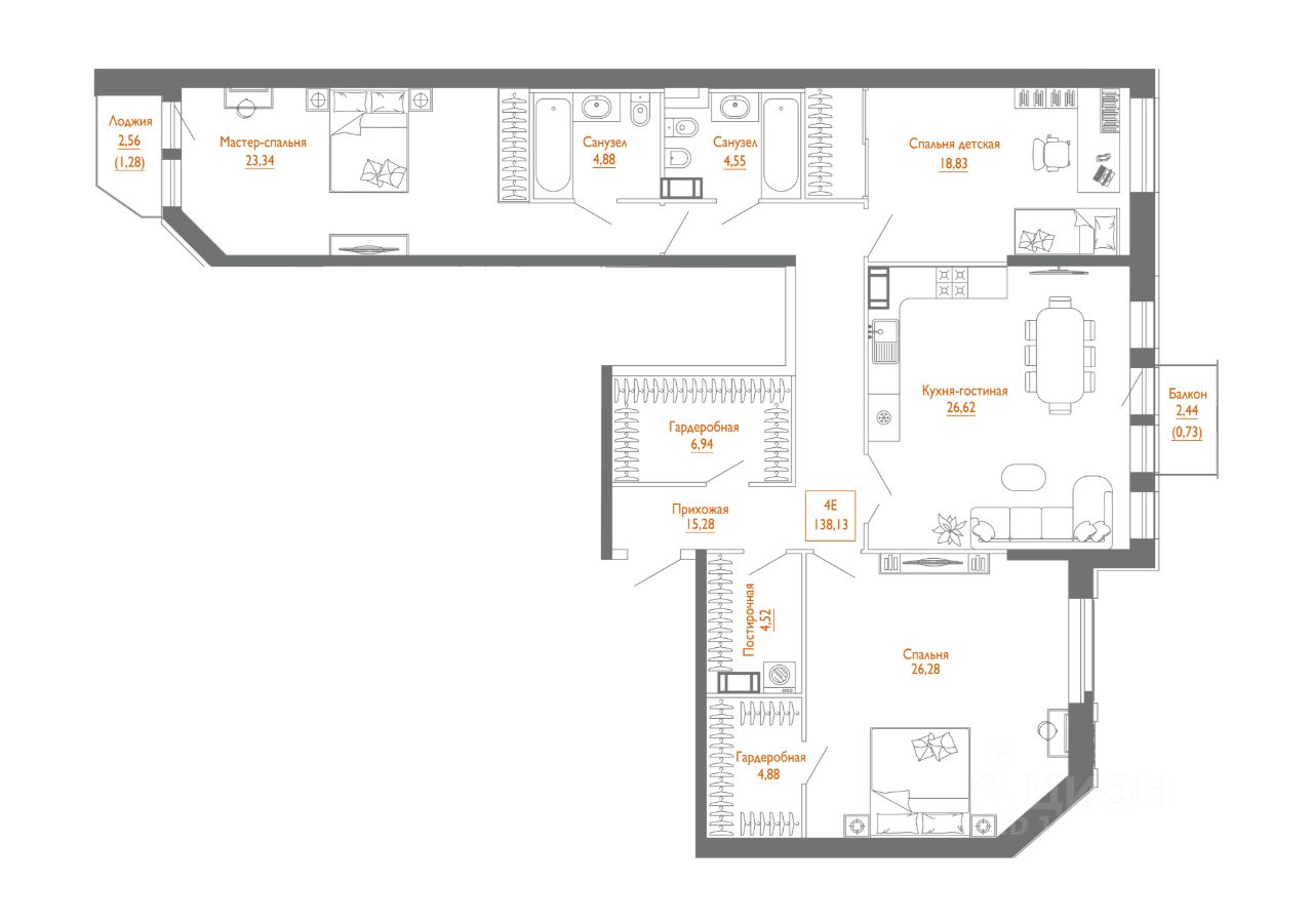 3-комнатная, 136.6 м² — ЖК ЖК «Клубный дом Монодом Лайн (Monodom Line)»