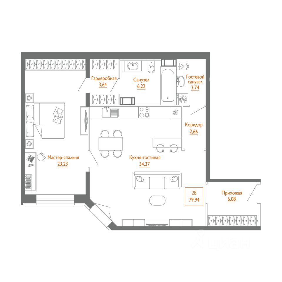 1-комнатная, 80.2 м² — ЖК ЖК «Клубный дом Монодом Лайн (Monodom Line)»