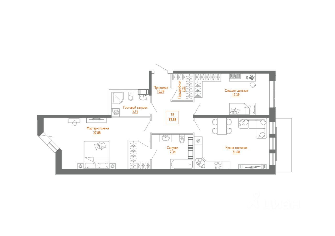 2-комнатная, 93.4 м² — ЖК ЖК «Клубный дом Монодом Лайн (Monodom Line)»
