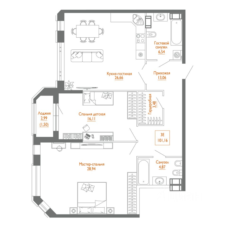 2-комнатная, 99.7 м² — ЖК ЖК «Клубный дом Монодом Лайн (Monodom Line)»